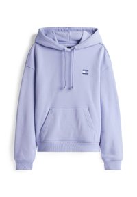 Lichtpaarse capuchontrui gemaakt van zachte stof. Voorzien van een frontale kangoeroezak, geribbelde manchetten en een klein merklogo op de borst.