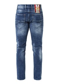 Dunkelblaue Jeans aus Denim mit Slim Fit, mit einer gewaschenen Optik, fünf Taschen und einem Markenlabel am hinteren Bund.