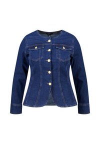 Donkerblauwe denim jas met lange mouwen, gouden knopen, twee borstzakken, ronde halslijn en strakke zoom.