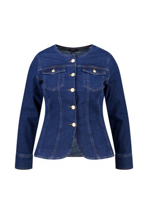 Donkerblauwe denim jas met lange mouwen, gouden knopen, twee borstzakken, ronde halslijn en strakke zoom.