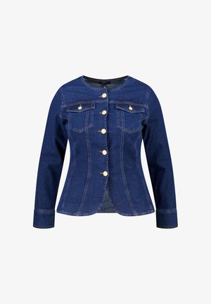 Veste en jean bleu foncé à manches longues avec boutons dorés, deux poches sur la poitrine, col rond et ourlet ajusté.