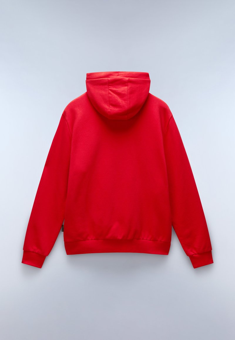 Czerwona bluza z kapturem, wyróżniająca się miękką teksturą, długimi rękawami i elastycznymi ściągaczami. Projekt nie ma elementów z przodu, podkreślając minimalizm.