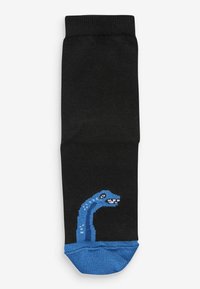 Schwarze Socke mit einem blauen, cartoonhaften Dinosaurierdesign am Knöchel, mit gerippter Textur und einfarbigen blauen Zehen- und Fersenakzenten.