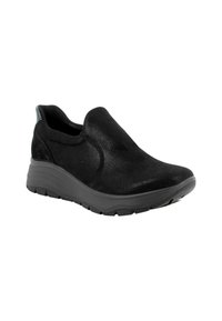Scarpe slip-on nere con una tomaia in suede testurizzata e una suola ammortizzata. Presentano una punta arrotondata e liscia con accenti di cucitura discreti.