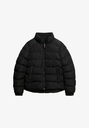 Schwarze Steppjacke mit hohem Kragen, Frontreißverschluss, elastischen Bündchen und zwei Seitentaschen. Verfügt über ein gestepptes Design für Isolation.