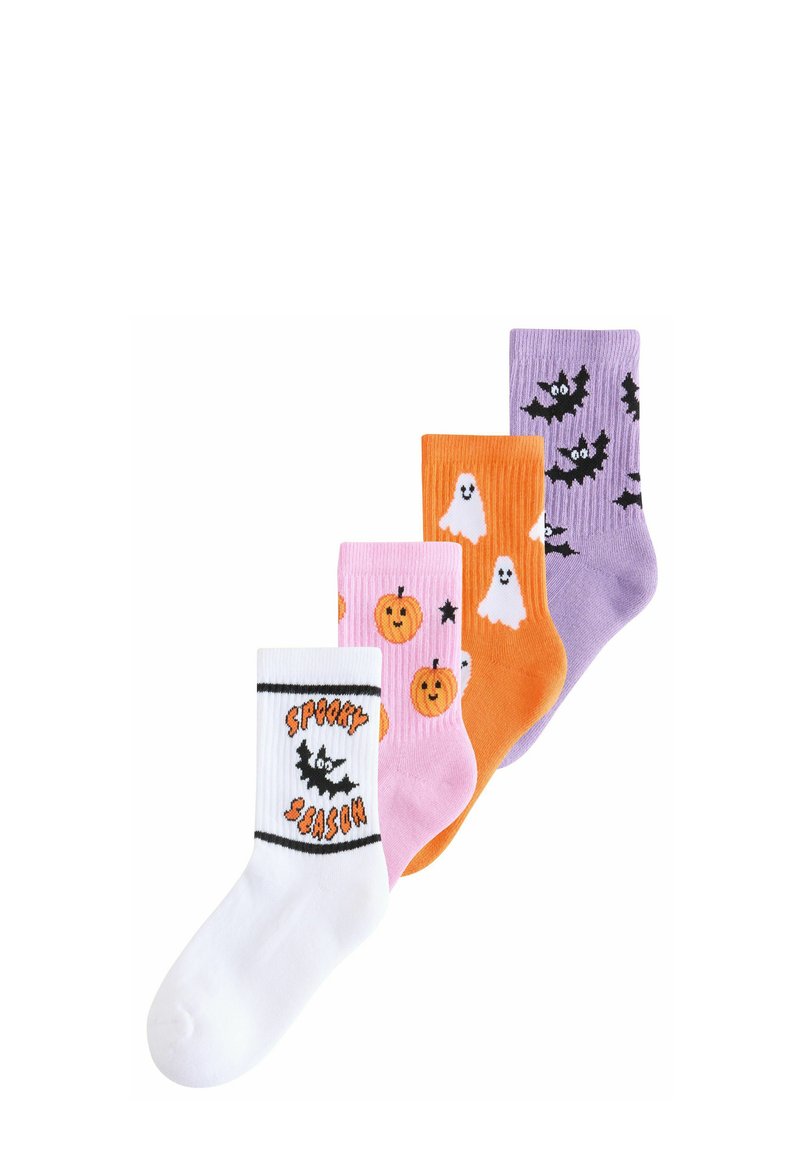 Four pairs of Halloween-themed socks: white with black bat graphic and "Spooky Season," pink with pumpkins, orange with ghosts, purple with bats.
