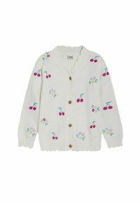 Cárdigan de punto en crema con bordados de cerezas y flores. Presenta un escote en V, puños de canalé y cinco botones de madera en la parte delantera.