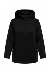 Veste noire à capuche avec une finition textile lisse, dotée d'une fermeture éclair frontale, de manches longues et d'une coupe décontractée. Design simple et épuré.