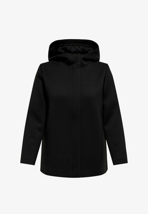 Crna jakna s kapuljačom od glatkog tekstila, s prednjim patentnim zatvaračem, dugim rukavima i opuštenim krojem. Jednostavan, neukrašen dizajn.