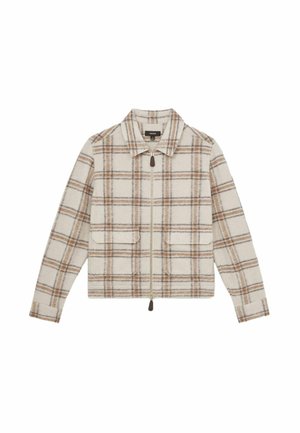 Beige- und braun kariertes Reißverschlussjackett mit Kragen, langen Ärmeln und zwei frontalen Klapptaschen.