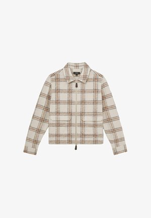 Béžovo-hnedý károvaný zipsový kabát s golierom, dlhými rukávmi a dvoma prednými vreckami na klapku.