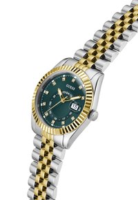 Montre-bracelet en or et en argent avec un cadran vert, des marqueurs en diamant et un affichage de la date. Présente un bracelet bi-ton avec une finition polie.