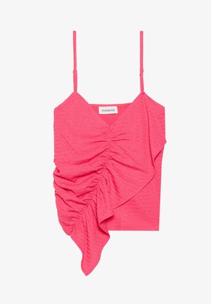 Fuksijasto roza brezrokavnik s nabranim dizajnom in asimetričnim robom. Narejen iz teksturiranega materiala, ima tanke nastavljive naramnice in oznako.