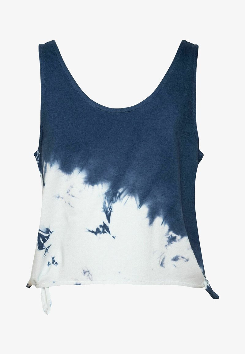 Débardeur court sans manches avec motif tie-dye bleu marine et blanc et encolure arrondie.