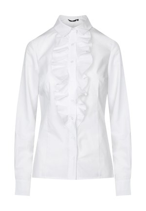 Biała koszula z guzikami z przodu, z falbanką na wysokości klatki piersiowej, długimi rękawami, klasycznym kołnierzykiem i gładką bawełnianą teksturą.