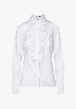 Biała koszula z guzikami z przodu, z falbanką na wysokości klatki piersiowej, długimi rękawami, klasycznym kołnierzykiem i gładką bawełnianą teksturą.