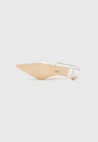 Chaussure à talon haut argentée avec un bout pointu et une semelle beige. Le talon est mince et de style stiletto, avec une finition lisse et brillante.
