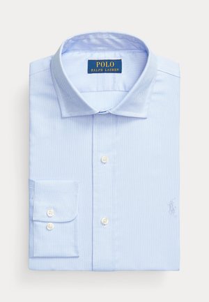 Light blue long-sleeve shirt made of woven cotton. Features a button-down collar, single breast pocket, and embroidered logo near the hem.