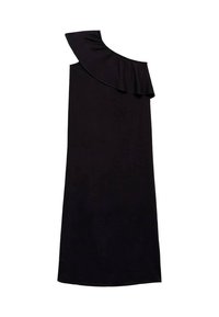 Abito nero a spalla unica con scollatura ondulata. Tessuto liscio con una silhouette dritta e lunghezza a pavimento, che offre un design elegante e semplice.