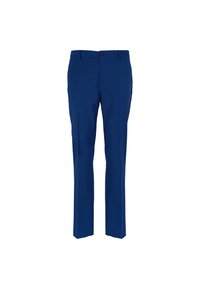 Pantaloni blu realizzati in tessuto liscio, con un design a gamba dritta, chiusura con bottone e tasche standard. Nessun motivo o dettaglio visibile.