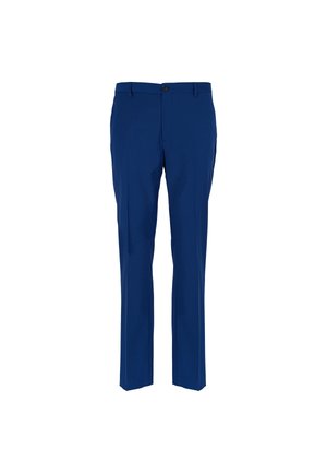 Pantaloni blu realizzati in tessuto liscio, con un design a gamba dritta, chiusura con bottone e tasche standard. Nessun motivo o dettaglio visibile.