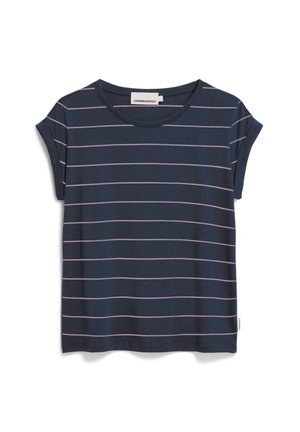 Marineblauwe T-shirt met lichtroze horizontale strepen, korte opgerolde mouwen en een ronde halslijn. Gemaakt van zachte, lichte stof.