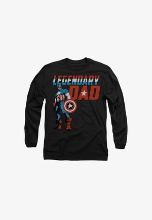 Langärmliges schwarzes T-Shirt mit einem Grafikmotiv von Captain America und dem Schriftzug "LEGENDARY DAD" in blauen und roten Fettschrift.