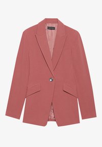 Rosa blazer laget av teksturert stoff. Har en enkelt knappelukking, skarpe krage, og to frontlommer med en glatt foring.