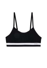 Zwarte geribbelde bralette met verstelbare bandjes, met een witte accentstrook aan de onderkant en een logo. Gladde textuur, minimalistisch ontwerp.