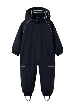 Combinaison de neige bleu marine pour tout-petit avec capuche, doublure rayée, double fermeture éclair frontale, poignets élastiques et brides aux pieds pour un ajustement sécurisé.