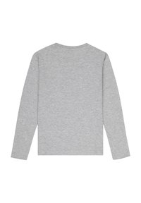 Graues Langarmshirt aus weicher Baumwolle. Gerader Schnitt mit Rundhalsausschnitt. Glatte Textur, keine Muster oder Akzente sichtbar.