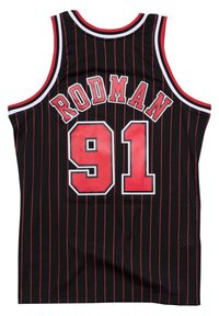 Canotta da basket nera con righe rosse, con "RODMAN" sopra il numero "91" sul retro, realizzata in tessuto a rete traspirante.