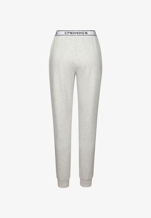 Light gray sweatpants with a soft texture, tapered legs, and a black waistband featuring "CPNHNHGN" in white text.