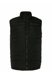 Czarna ocieplana kamizelka z wysokim kołnierzem, zamkiem błyskawicznym z przodu i dwiema kieszeniami bocznymi na zamek. Prosty design z poziomym przeszyciem.