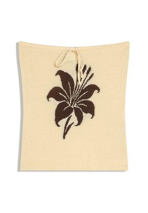 Top tubolare beige lavorato a maglia con un grande motivo floreale marrone scuro al centro e un laccio regolabile sul bordo superiore.