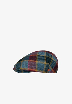 Flat cap with multicolored plaid pattern in blue, red, yellow, and black, featuring a small round logo pin on the side.