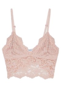 Krajkový bralet v jemně růžové barvě s nastavitelnými ramínky, květinovým vzorem a vlnitým lemem. Lehká tkanina s jemnou strukturou.