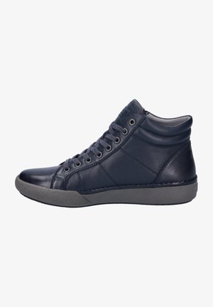 Navy leather high-top sneaker with round toe, gray rubber sole, lace-up front, and padded collar for added comfort.