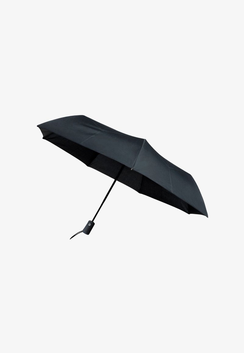 Zwarte parasol met een gladde stoffen oppervlakte, rechte zwarte steel en een donker handvat. Heeft een compact, opvouwbaar ontwerp.