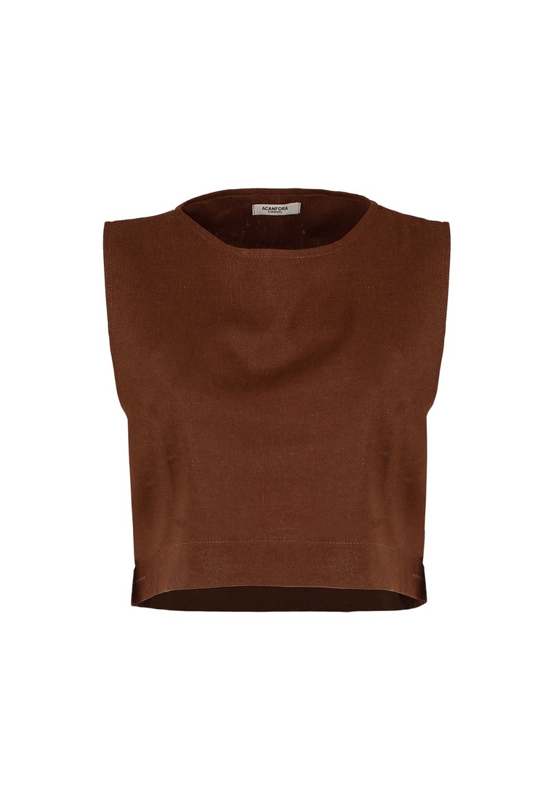 Brązowy cropped top wykonany z tkaniny o gładkiej fakturze. Posiada okrągły dekolt i krótkie rękawy, z czystymi szwami i bez widocznych zapięć.