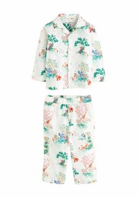 Imikeste pidžaama komplekt valgest puuvillast, millel on värvilised looma- ja puumustrid. Sisaldab nööbiga särki ja elastse vööga pükse.