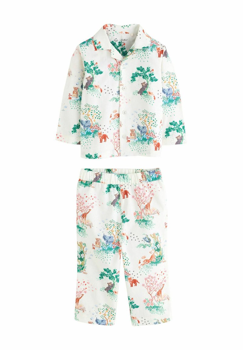 Imikeste pidžaama komplekt valgest puuvillast, millel on värvilised looma- ja puumustrid. Sisaldab nööbiga särki ja elastse vööga pükse.