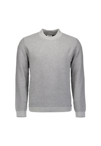 Grijze trui met een gestructureerd, geribd ontwerp. Heeft een ronde halslijn en lange mouwen, met contrasterende boorden en zoom.