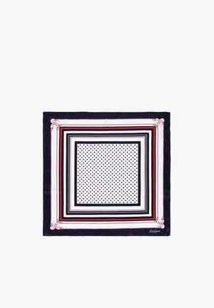 Šal iz svile z mornarsko-modrim robom, rdečimi in belimi geometrijskimi vzorci ter vzorcem pik na sredini. Robovi so obrobljeni, vsebuje pa podrobnost z logotipom.