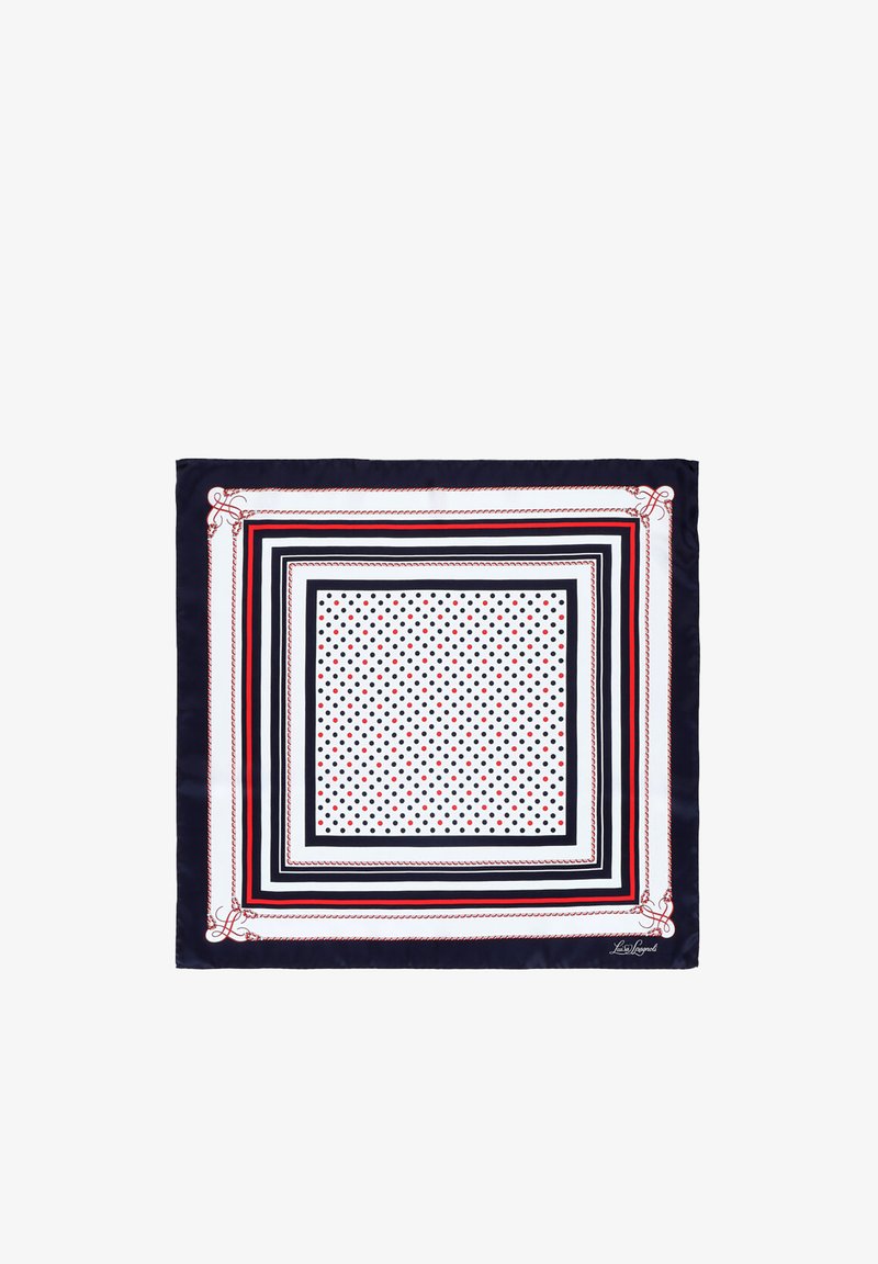 Zīda šalle ar tumši zilu apmali, sarkaniem un baltiem ģeometriskiem rakstiem un centrā punktotu rakstu. Apgriezti maliņi un logotipa detaļa.