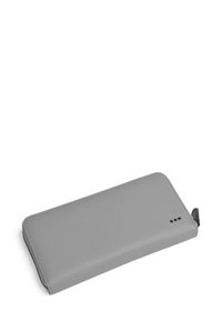 Gray leather wallet with a smooth texture, elongated shape, and a zip closure featuring a small black pull tab and three dot accents.