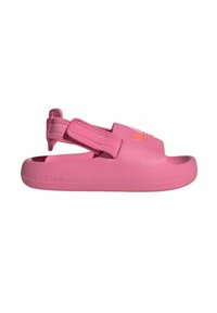Rosa Rutschsandal aus weichem Gummi mit verstellbarem Velcro-Riemen, offener Zehenpartie und strukturiertem Fußbett. Mit orangefarbenem Akzent an der Vorderseite.