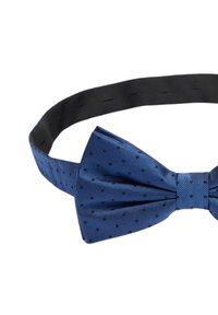 Blå satinfluga med en texturerad yta och små svarta prickar. Har ett justerbart svart band för säker fastsättning.