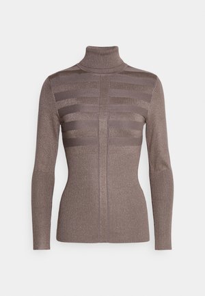 Maglione a collo alto in maglia a coste marrone con dettagli a strisce orizzontali e una silhouette aderente. Texture liscia con leggero luccichio.