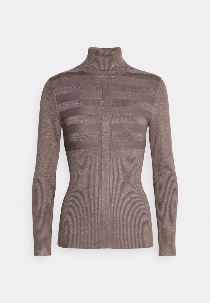 Maglione a collo alto in maglia a coste marrone con dettagli a strisce orizzontali e una silhouette aderente. Texture liscia con leggero luccichio.
